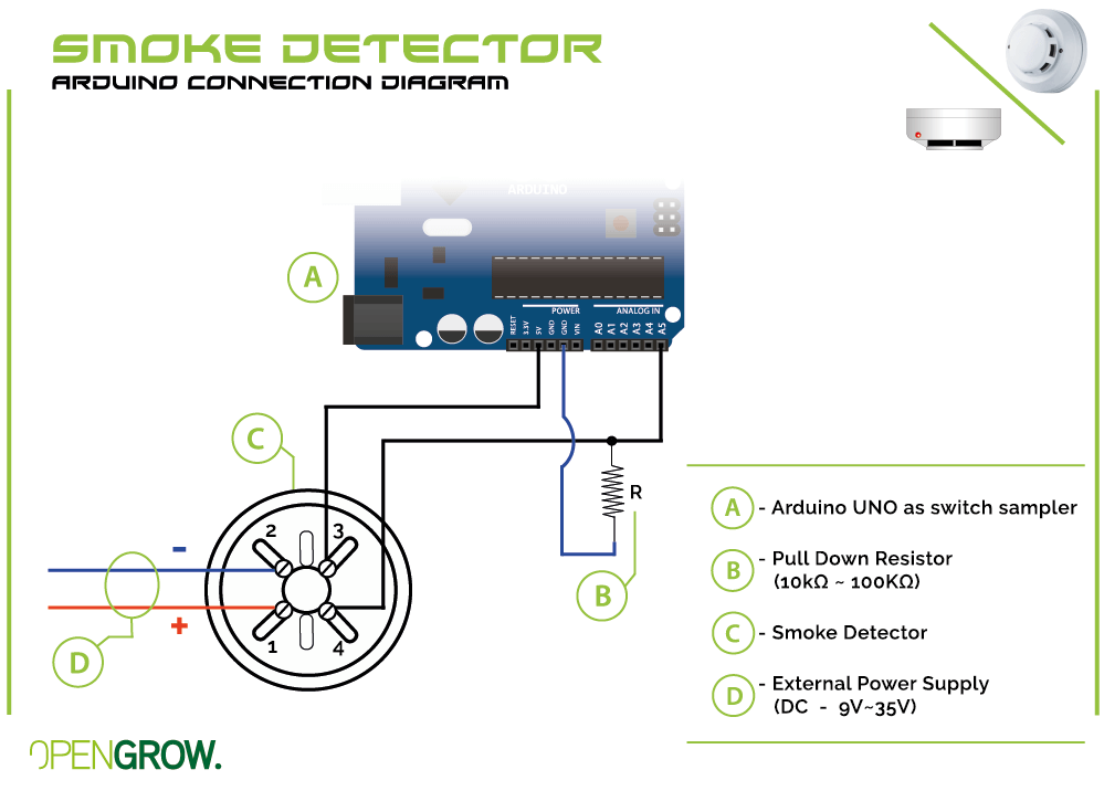 GroLab Smoke Detector connection diagram to Arduino